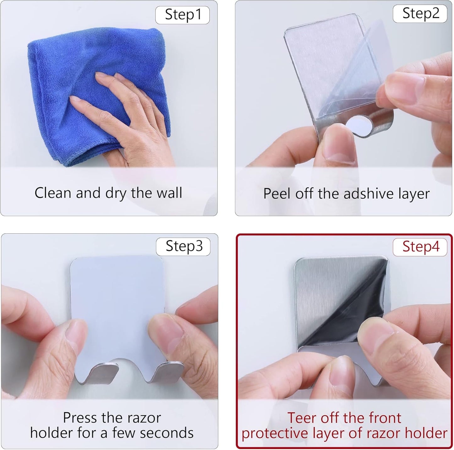 Razor Holder for Shower, 4 Pack Stainless Steel Razor Holder Hooks, Waterproof Self-Adhesive Shaver Holder Hanger Hooks for Bathroom Kitchen to Organize Loofah Robe Towel Plug Coat